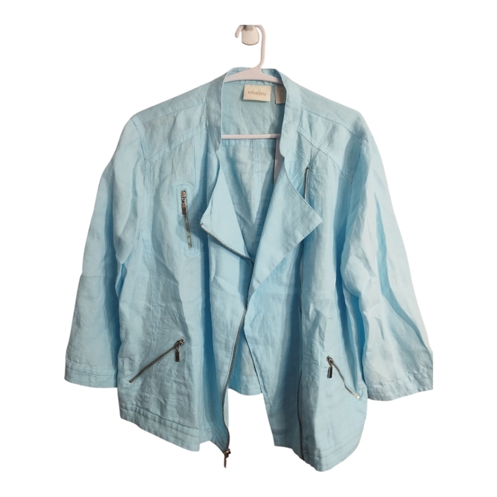 Chicos 100% Linen Moto Zip Front Moto Preppy Office Business Casual Jacket L